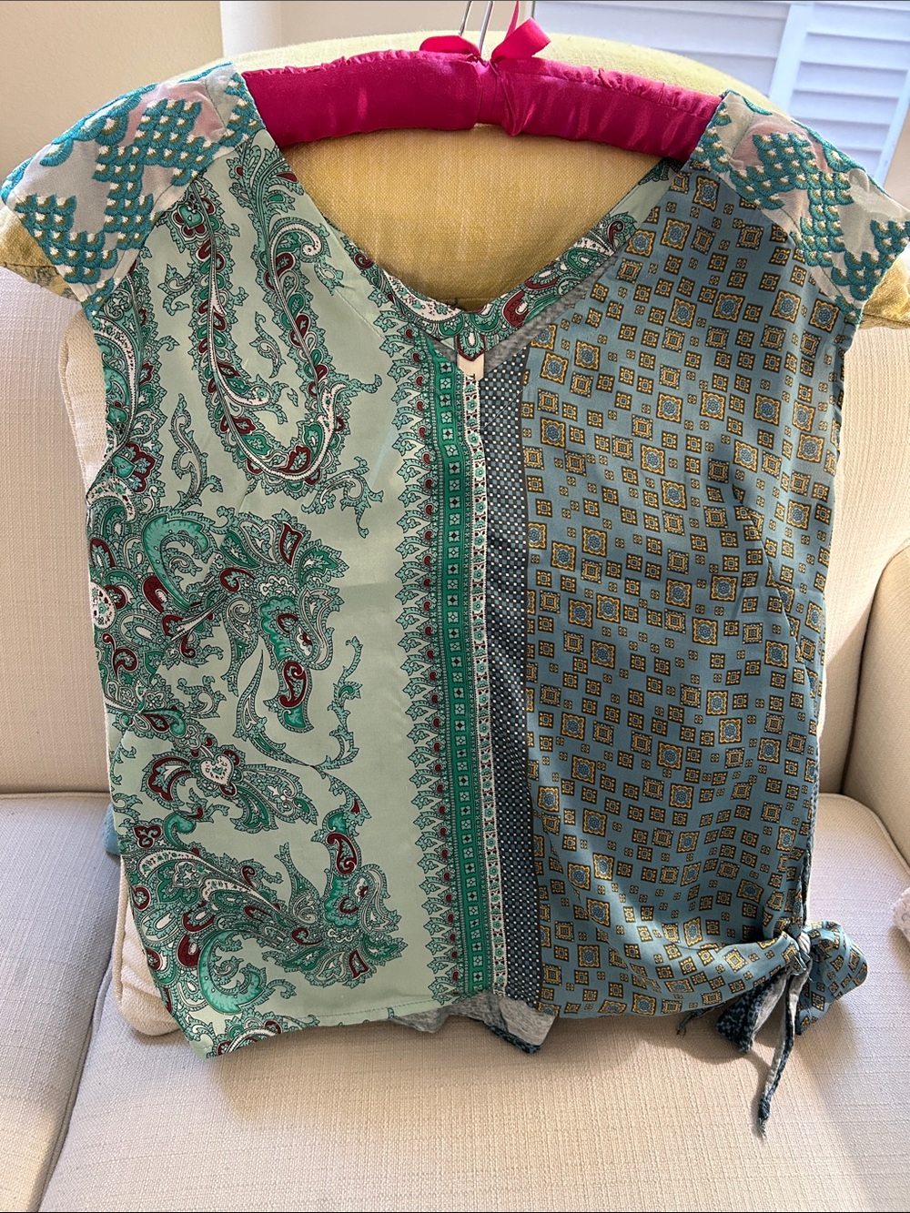 Anthropologie Green Paisley & Tile Mixed-Print Short Sleeve Top
